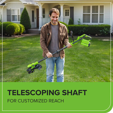 Man holding a telescoping shaft of the Versatile 40V Cordless String Trimmer And Edger With 13 Inch Cutting Deck for customized reach.