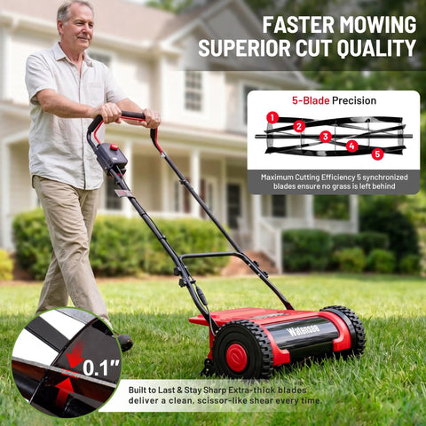 Cordless Electric Reel Lawn Mower With Two 36Wh Batteries And Dual Power 16 Inch Push Mower For Small To Medium Yards Gardens And Golf Greens No Gas Needed Easy Start Quiet Operation in use on lawn