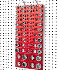 Front view of red 56-thread checker bolt gauge on pegboard, showing metric/SAE sockets and inch/CM ruler