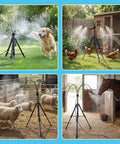 Standing Misting System for Outdoors with 26ft Hose and 4.8ft Adjustable Height Tripod Base cooling a dog, chickens, sheep, and horse.
