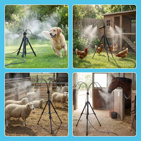 Standing Misting System for Outdoors with 26ft Hose and 4.8ft Adjustable Height Tripod Base cooling a dog, chickens, sheep, and horse.