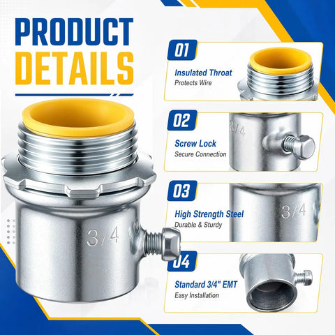 50 Pack Emt Set Screw Connector Three Quarter Inch Steel Electrical Conduit Coupling featuring insulated throat and screw lock design.