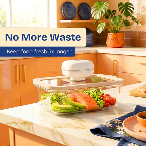 Ziruma Non Toxic Electric Vacuum Pump Auto Seal Rechargeable Sealer Only For Food Storage Keep Cheese Meat Veggies Fresh 5x Longer Waste Less Oxygen Removal System Compact Kitchen Aid in use with food storage container.