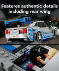 Nissan Skyline GTR R34 Speed Champions Racing Car Kit rear view with spoiler and interior with racer minifigure inspired by 2 Fast 2 Furious