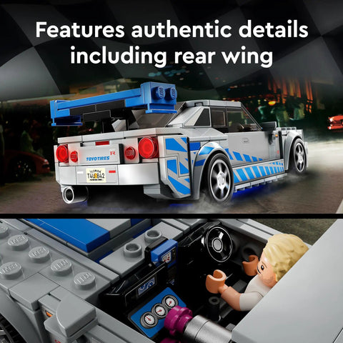 Nissan Skyline GTR R34 Speed Champions Racing Car Kit rear view with spoiler and interior with racer minifigure inspired by 2 Fast 2 Furious