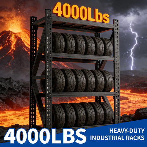 Hella Tough Heavy Duty Garage Shelving Rack With Cold Rolled Steel Frame And Massive Four Thousand Pound Load Capacity holding tires.