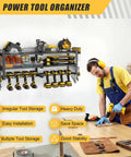 Power Tool Organizer Wall Mount Heavy Duty 350 Lbs Garage Storage Rack With Six Cordless Drill Holders displayed in workshop