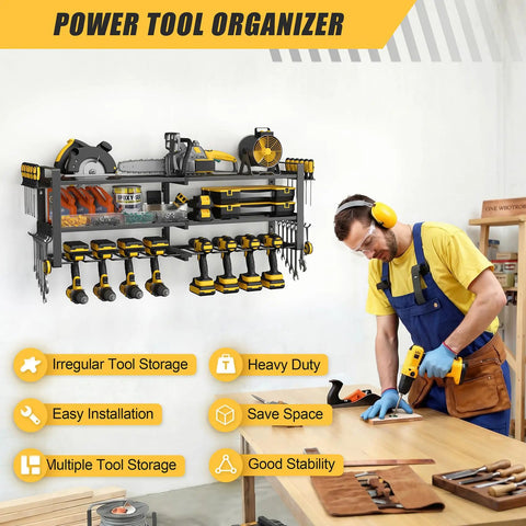 Power Tool Organizer Wall Mount Heavy Duty 350 Lbs Garage Storage Rack With Six Cordless Drill Holders displayed in workshop