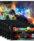 Color Changing Fire Packets For Campfires And Fire Pits, 50 Count, Pulsating Blues Greens Purples Reds in front of vibrant fire flames