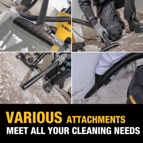 Hardworking StealthSonic Wet Dry Shop Vac Six Gallon Five HP Ultra Quiet Vacuum with various cleaning attachments in use.