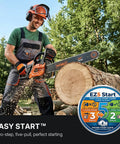 Worker using gas powered chainsaw with 20 inch bar Easy Start 3.5HP Xtreme Engine pro grade commercial gas chain saw auto oiler
