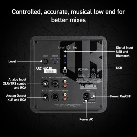 Back panel of Compact Studio Subwoofer With ARC X Auto Calibration And 25 Hz Deep Bass, ports and controls visible