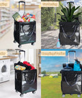 On Wheels Grocery Cart 54L Capacity Foldable Rolling Tote For Groceries With Drawstring Bag 360 Degree Wheels Portable Trolley, black