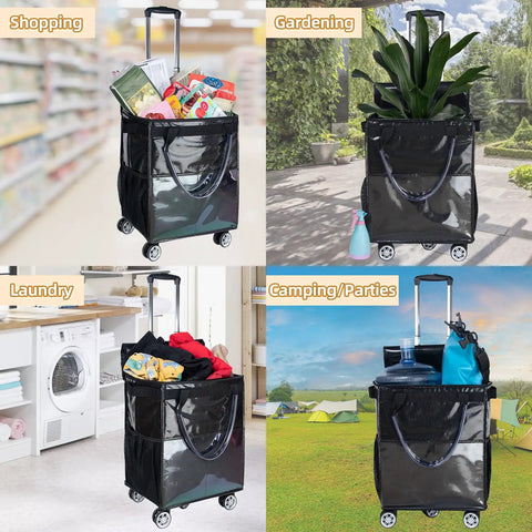 On Wheels Grocery Cart 54L Capacity Foldable Rolling Tote For Groceries With Drawstring Bag 360 Degree Wheels Portable Trolley, black