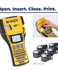 Portable Label Printer DataComm Starter Kit With Handheld Label Maker showing user changing tape cartridges.