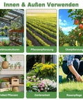 Collage showing various gardening activities: greenhouse crops, field planting, fruit growing, potted plants, gardening, and lawn care.