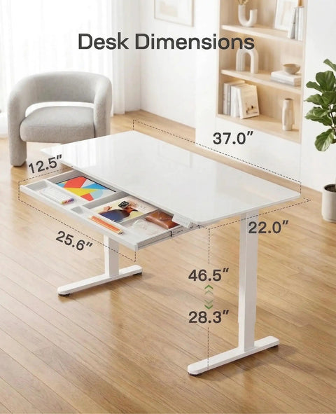 Glass Standing Desk With Drawer 37 X 22 Inches Adjustable Height With Four Preset Levels One Piece Tempered Glass Top White Desk