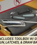 Heavy Duty 16 Inch Open End Belt Sander 5 Hp 230V Single Phase Beast Features toolbox with oil gun and latches on table.