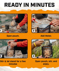 Hearty Beef Stroganoff Freeze Dried Backpacking Meal Just Add Water, preparing steps in nature with hands opening pouch and adding water.