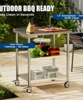 Outdoor view of Stainless Steel Prep Table On Wheels 36x24 Inch NSF Food Prep Station with Backsplash and 2 Adjustable Undershelves.