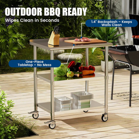 Outdoor view of Stainless Steel Prep Table On Wheels 36x24 Inch NSF Food Prep Station with Backsplash and 2 Adjustable Undershelves.