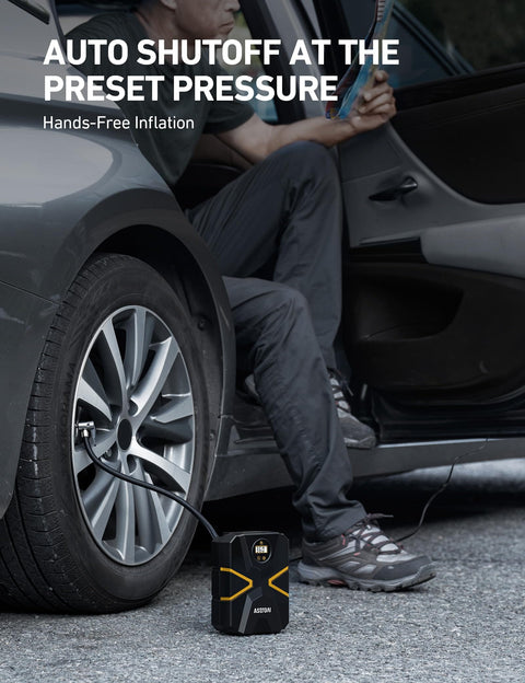 Man using Portable 12V Digital Tire Inflator With Auto Shutoff on car tire, showing real time pressure display, preset tire pressure.