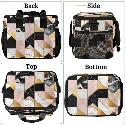 Four views of Geometric Marble Insulated Picnic Backpack Lunch Bag, showing the design and size 12x8.7x10 inches.