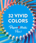 Go-To Felt Tip Pens Set With Flair Markers arranged in a circle showing assorted colors on blue background with text '32 Vivid Colors'.