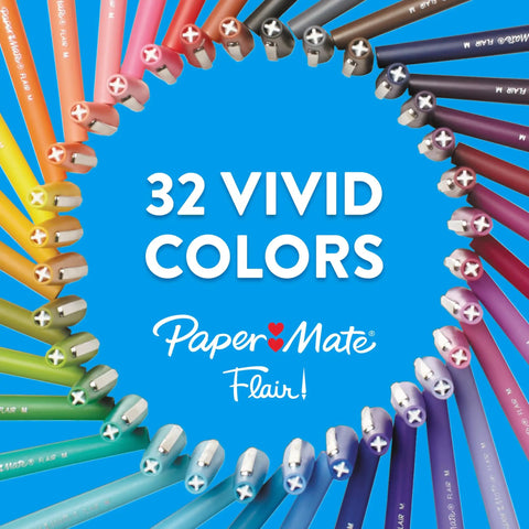 Go-To Felt Tip Pens Set With Flair Markers arranged in a circle showing assorted colors on blue background with text '32 Vivid Colors'.