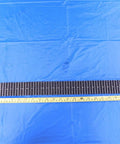 Heavy Duty Inverted Tooth Chain 25 1/2 Inch Long By 2 Inch Wide shown with measuring tape on blue background.