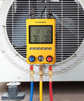 Digital HVAC Manifold Gauge Set with Temperature Probes and Three Hoses for R134a R410a R32 R1234yf R454B installed on AC unit