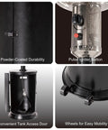 47000 BTU Outdoor Patio Heater with round table design, powder-coated finish, pulse igniter, tank door, and wheels for mobility.