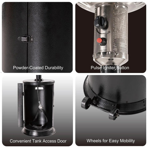 47000 BTU Outdoor Patio Heater with round table design, powder-coated finish, pulse igniter, tank door, and wheels for mobility.