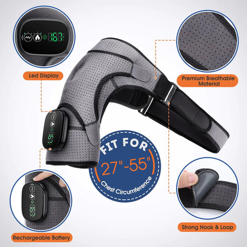 Cordless Shoulder Heating Pad With Vibration Massage showing LED display, breathable material, fits 27"-55" chest circumference.