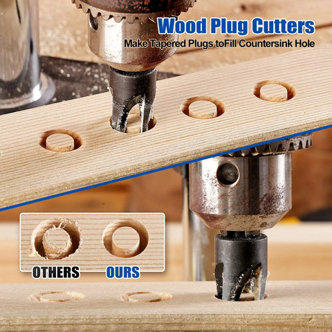 Wood plug cutters in use from the Do-It-All Countersink Drill Bit Set For Woodworking, 23-Piece Pro-Grade Kit With Tapered Drill Bits And Wood Plug Cutters, Adjustable Depth, 1/4-Inch Hex Shank, Diy Projects Ready.
