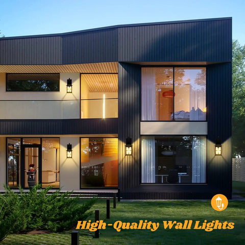 Modern home with 2 Pack Outdoor Wall Light Fixtures, Waterproof Aluminum Black Sconces With Cross Grid Glass, at entrance and balcony.