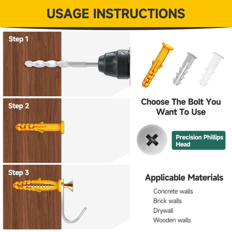 Usage instructions for Drywall Anchors And Screws Kit With 135 Push In Anchors And 135 Flat Head Screws