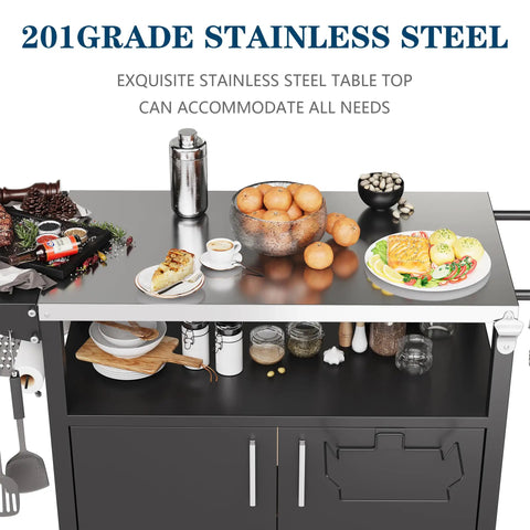 Ultimate Outdoor Grill Cart With Storage And Wheels, black steel worktop with food and utensils, visible stainless steel tabletop