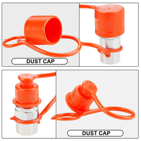 ANCIMOON 3/8 in NPT flat-face hydraulic quick-connect coupler with orange dust cap; front, side, and close-up views.