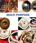 Creative miniature dioramas inside walnut shells, displaying various scenes and figures, highlighting multi-purpose design.