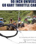 90 Inch Universal Heavy Duty Go Kart Throttle Cable Kit For Manco Go Cart 8HP Engine ATV Buggy Ready To Install With Brake Return Pedal Spring And Cable Stop Easy Install, shown with vehicles on rugged terrain.