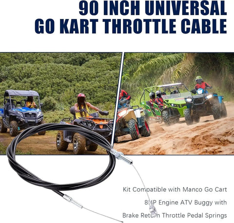 90 Inch Universal Heavy Duty Go Kart Throttle Cable Kit For Manco Go Cart 8HP Engine ATV Buggy Ready To Install With Brake Return Pedal Spring And Cable Stop Easy Install, shown with vehicles on rugged terrain.