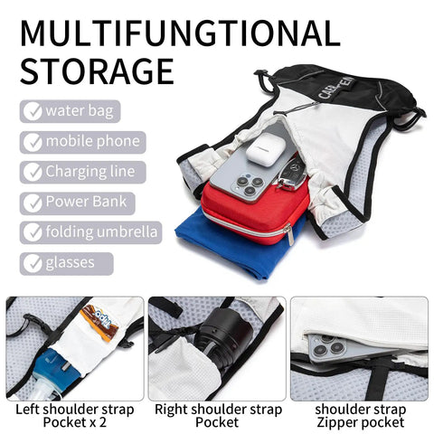 Ultralight Hydration Vest Backpack With 1.5L Water Reservoir, Breathable Nylon and 3D Mesh Panels, Olive Green showing storage pockets.