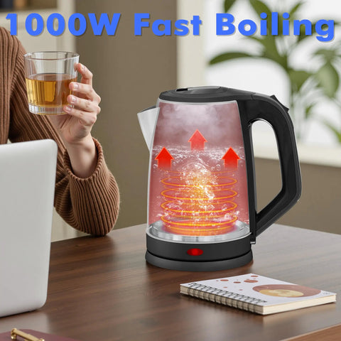 Two And A Half Liter Electric Kettle For Big Family Use With Fast Boil Stainless Steel BPA Free Water Heater 2.5L 10 to 12 Cups Auto Shut Off Boil Dry Protection showing fast boiling feature.
