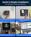 No Sweat Time Clock Terminal For Small Business Crews With Dead Simple WiFi Access Zero Monthly Charges showing installation process on wall and setup steps.
