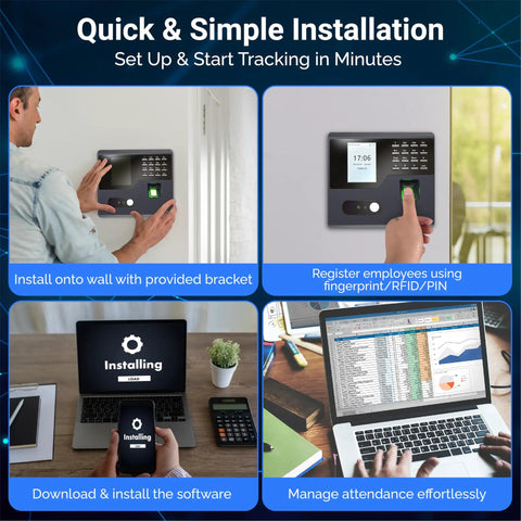 No Sweat Time Clock Terminal For Small Business Crews With Dead Simple WiFi Access Zero Monthly Charges showing installation process on wall and setup steps.