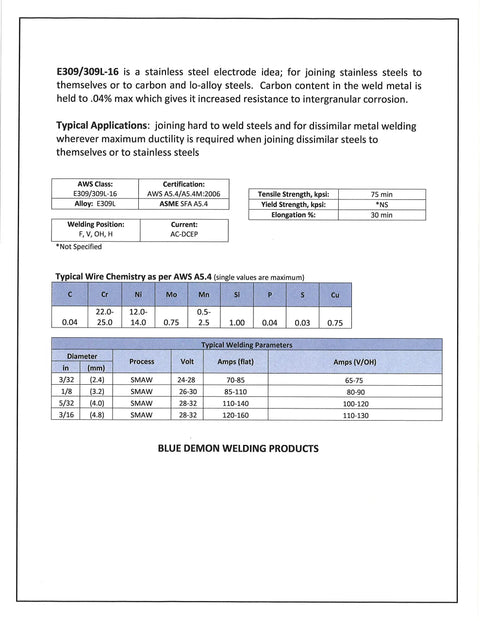 E309/309L-16 stainless steel electrode chart for various welding applications and typical wire chemistry specifications.