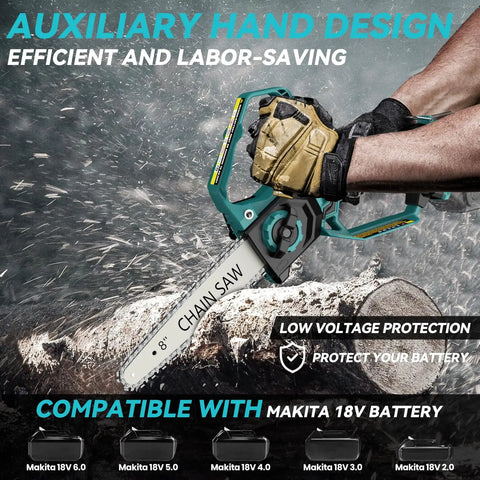 Person using Two In One Cordless Mini Chainsaw With 800W Brushless Motor, 8 Inch And 6 Inch Cutting Bars, Auto Oiler, No Battery Included