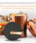 Charcoal Activated Carbon Fiber Air Filter for Kitchen Compost Bin Round 5.5 Inch, 10 Pack with copper bin in background