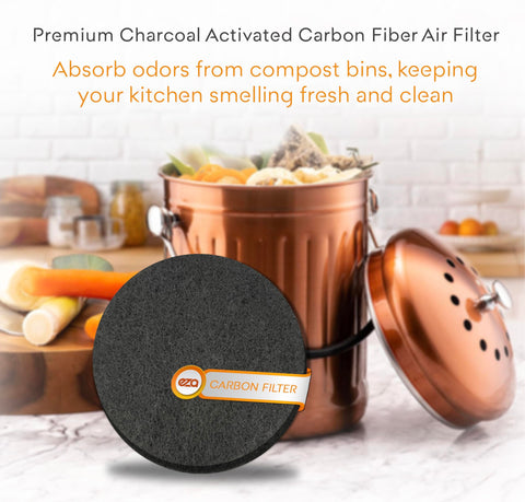 Charcoal Activated Carbon Fiber Air Filter for Kitchen Compost Bin Round 5.5 Inch, 10 Pack with copper bin in background